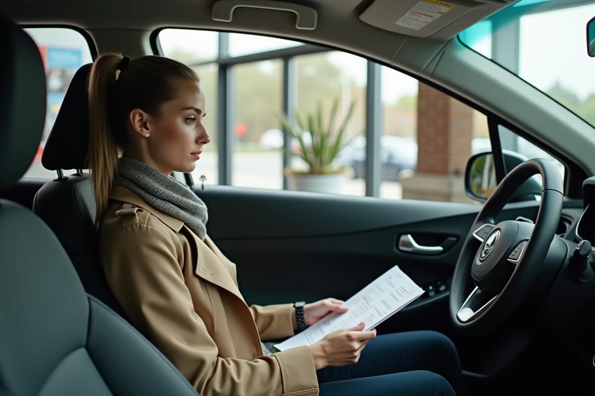 Femme en trench coat examinant des papiers dans une voiture en showroom