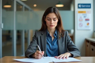Femme d age moyen examinant des documents officiels dans un bureau français