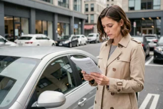Femme consultant des documents d'assurance auto tout risque devant sa voiture en ville