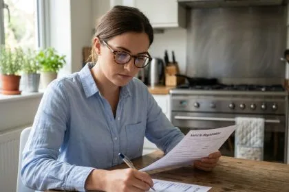 Jeune femme remplissant un formulaire d'assurance auto &agrave; la maison