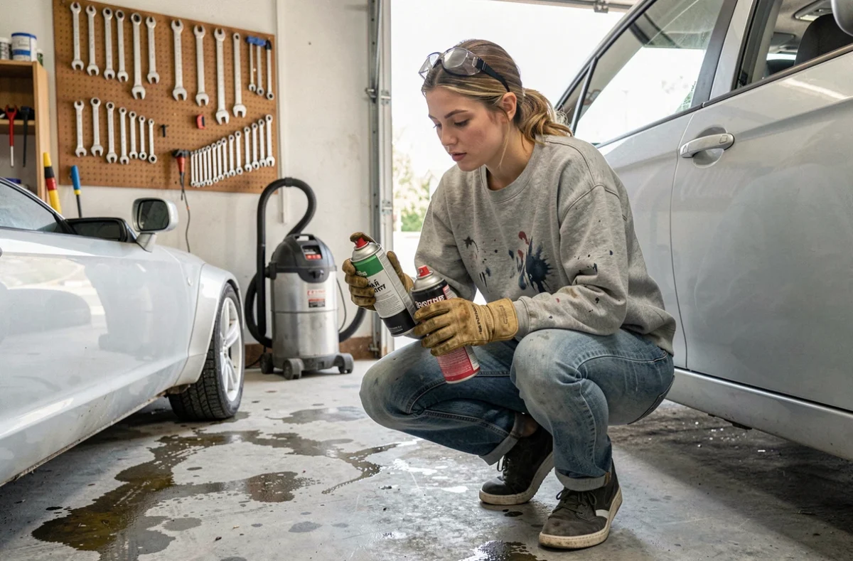 Femme passionnée de bricolage automobile comparant deux bombes de vernis 2K dans un garage résidentiel à côté d'une voiture argent