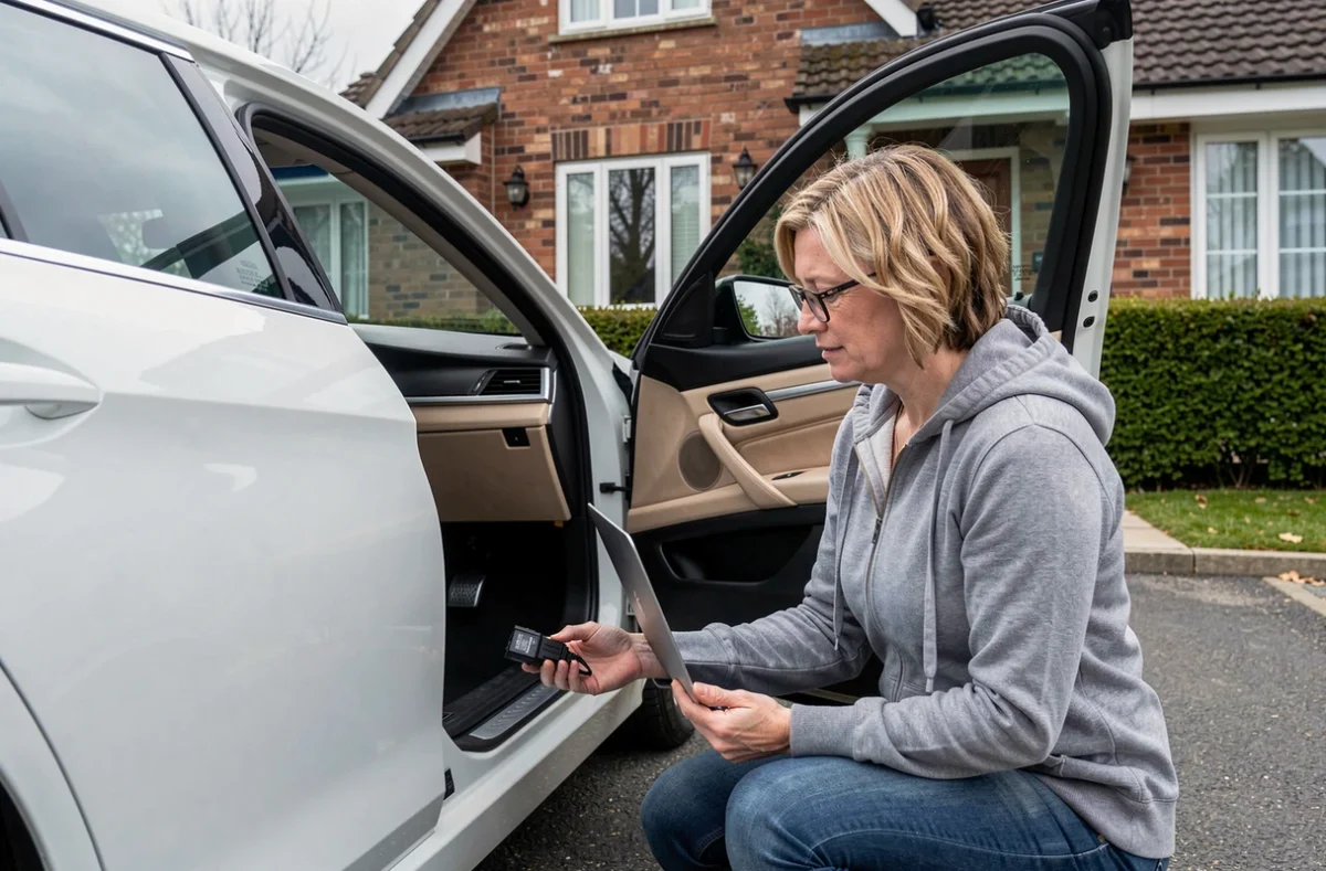 Femme connectant un câble de diagnostic OBD2 à une BMW dans une allée résidentielle pour réaliser un codage maison