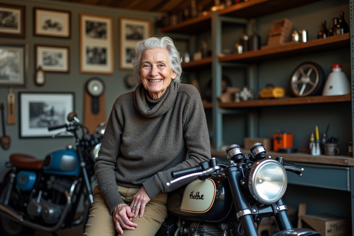 Femme retraitée assise avec sa moto ancienne dans un atelier