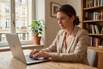 Femme comparant des devis d'assurance auto sur un ordinateur portable dans un bureau à domicile à Tours