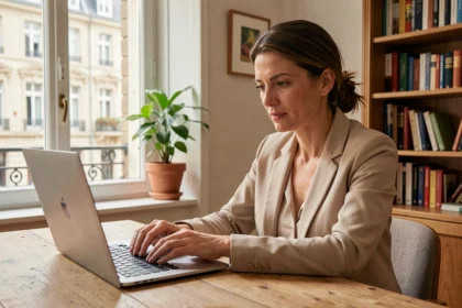 Femme comparant des devis d'assurance auto sur un ordinateur portable dans un bureau à domicile à Tours