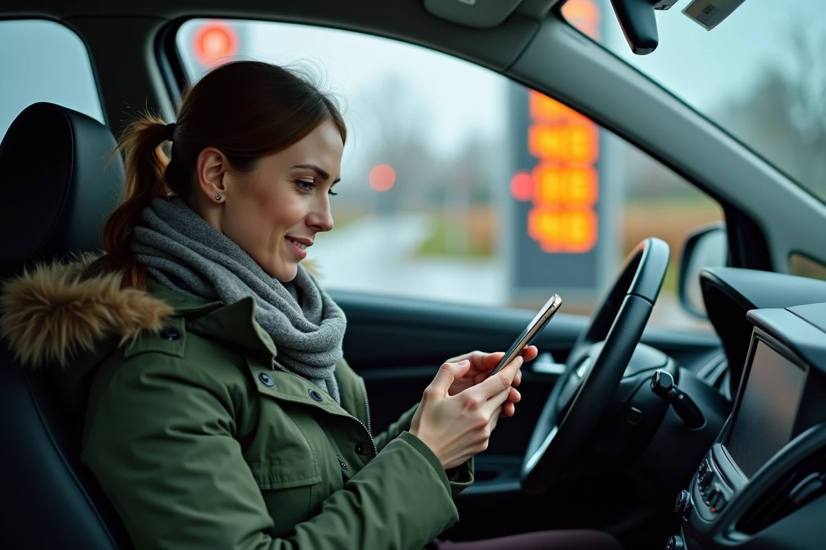 Femme dans sa voiture comparant les prix de l'essence sur une application smartphone avant de faire le plein
