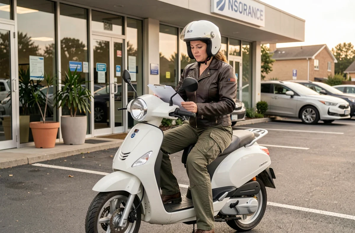 Femme conductrice sur scooter 125 devant une agence d'assurance en banlieue