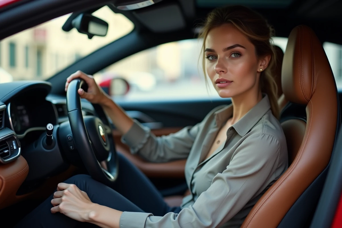 Femme en blouse et slacks dans une voiture sportive italienne