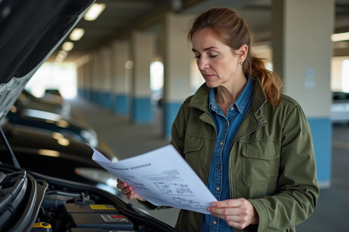 Femme regardant un diagramme de batterie voiture dans un parking