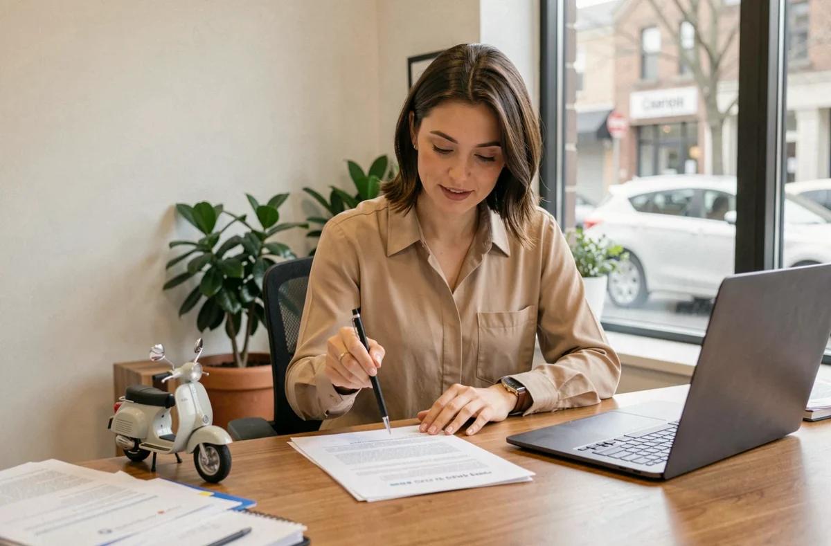 Femme consultant un contrat d'assurance scooter dans une agence, stylo en main devant des documents