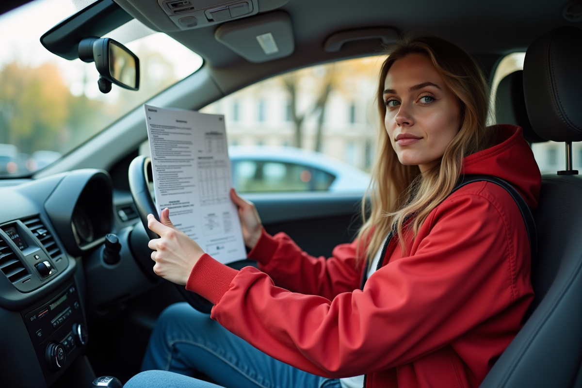 Jeune femme dans sa voiture tenant un avis de contravention