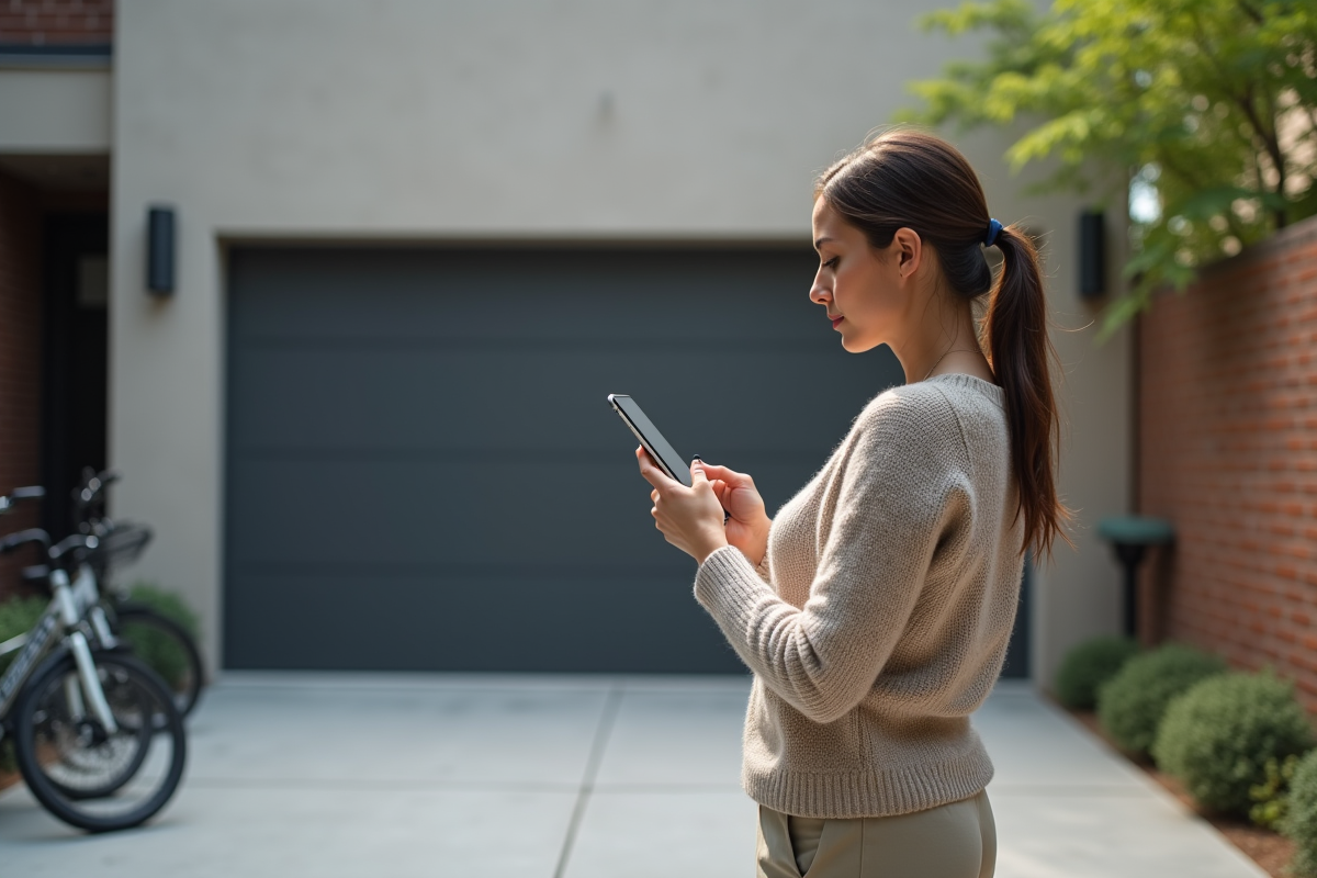 Jeune femme utilisant une application pour ouvrir le garage