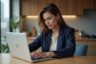 Femme en blazer et jeans étudiant un résumé de paiement Karos