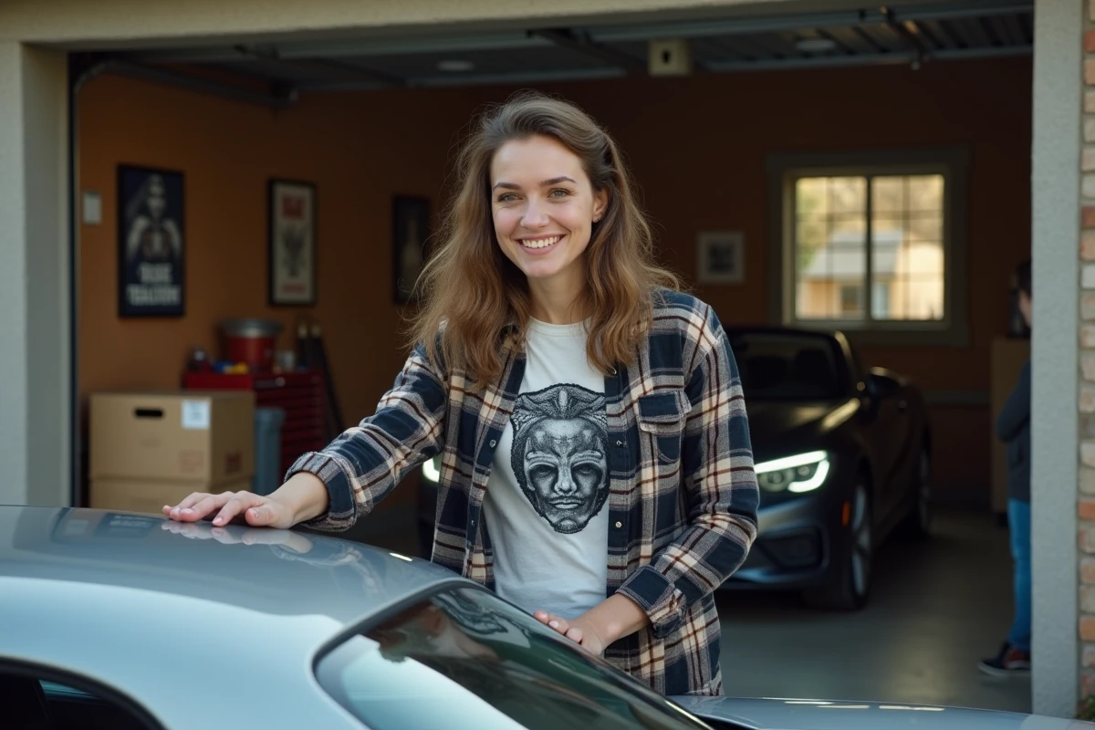 Femme souriante polissant une voiture de série dans une cour