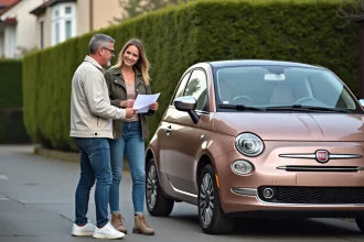 Discussion entre une femme et un homme pr&egrave;s d'une fiat 500 rose gold
