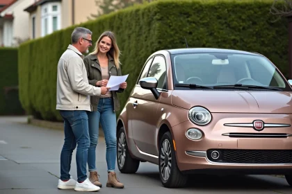 Discussion entre une femme et un homme près d'une fiat 500 rose gold