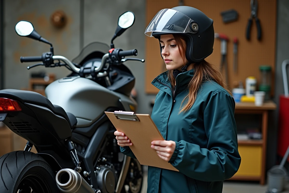 Jeune femme inspectant un échappement de moto dans un garage
