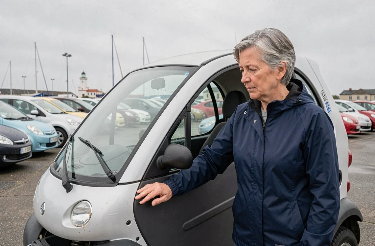 Femme inspectant une voiture sans permis d'occasion dans un lot de véhicules à Brest