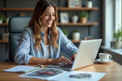 Jeune femme lisant un article sur une voiture sur son ordinateur
