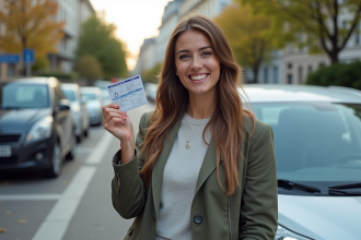 Femme souriante tenant son permis de conduire devant une voiture