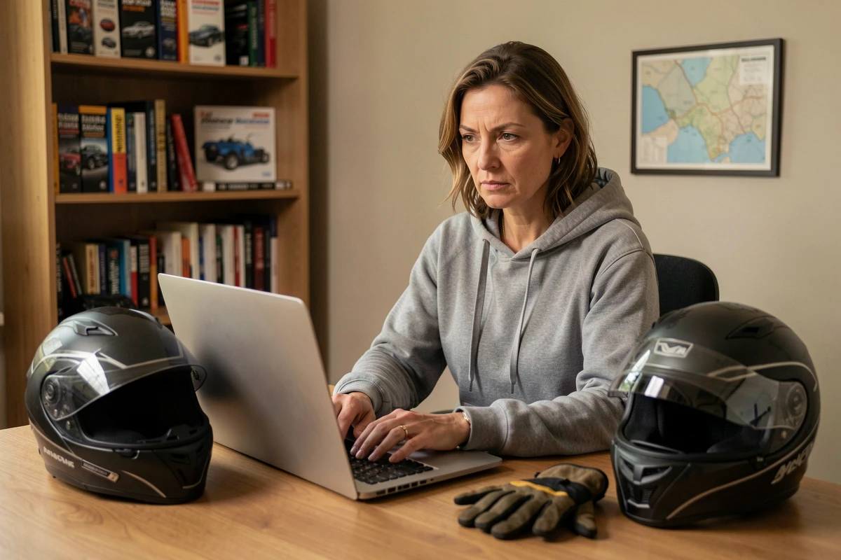 Femme motarde travaillant sur son ordinateur portable depuis son domicile pour amplifier le boycott du contrôle technique moto via les réseaux sociaux