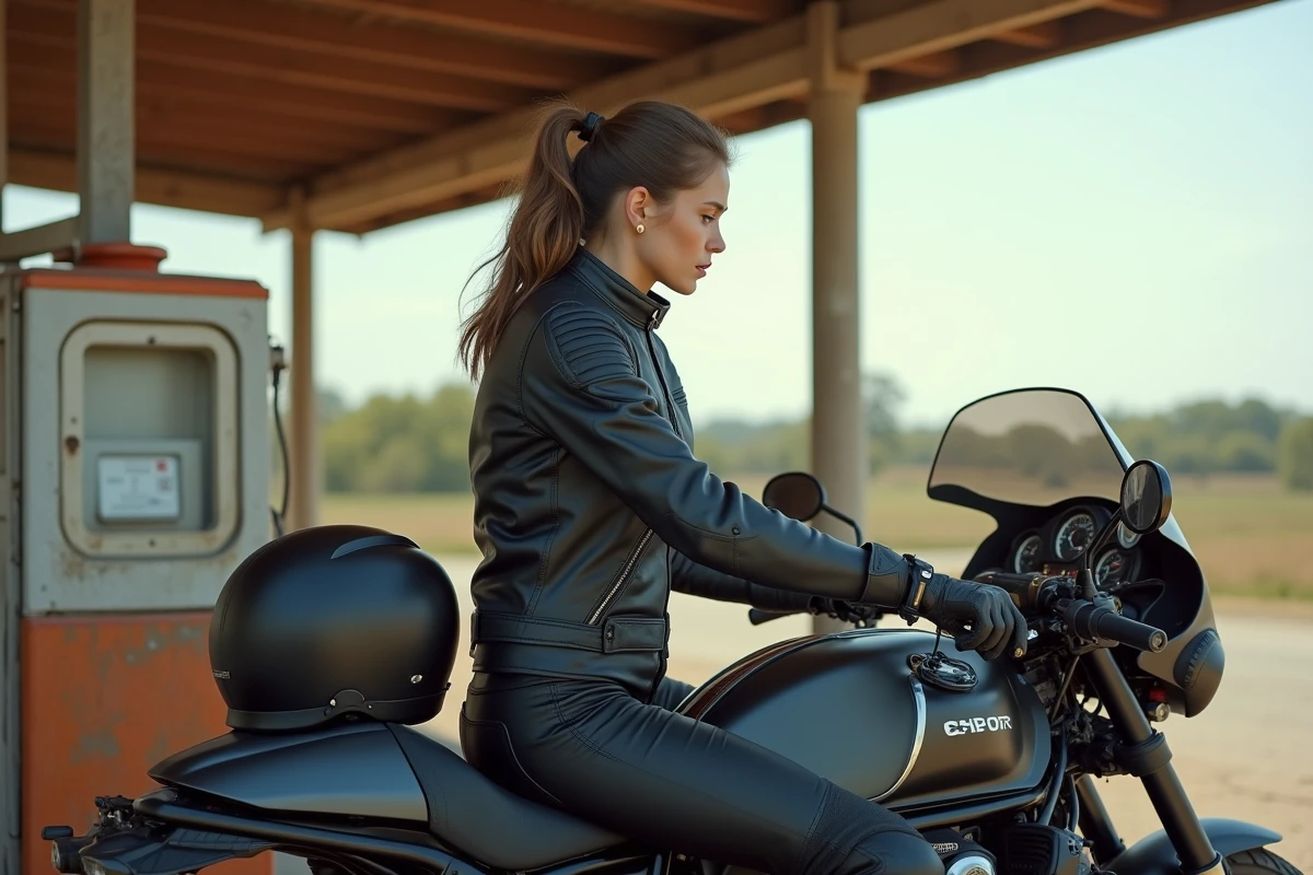Femme motarde assise sur une grosse moto sport-touring consultant le tableau de bord dans une station-service rurale