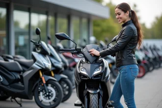 Jeune femme inspectant une moto 3 0 moderne à l'extérieur