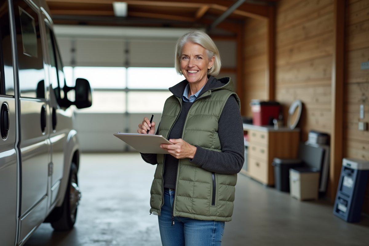Femme souriante prenant des notes dans le garage avec van