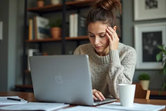 Femme concentrée vérifiant son document de voiture à domicile