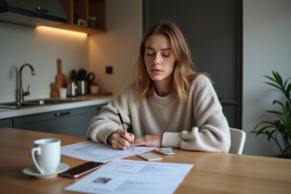 Femme concentrée remplissant papiers de voiture à la maison
