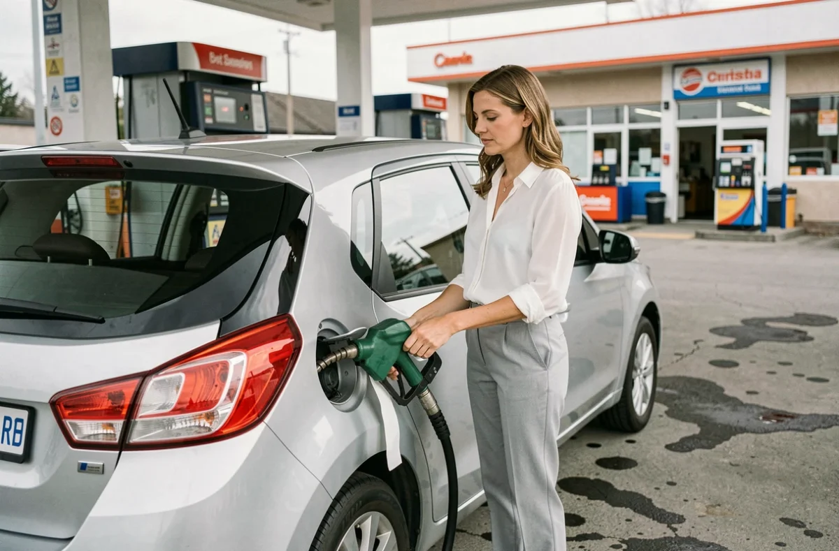 Femme faisant le plein de carburant d'un SUV compact SEAT ATK dans une station-service urbaine