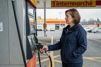 Femme faisant le plein d'essence à une station-service Intermarché en consultant l'affichage du prix au litre