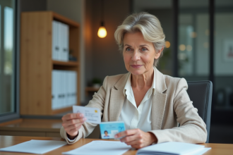 Femme d'âge moyen examine son permis de conduire français