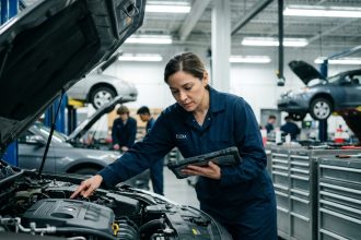 Femme en reconversion professionnelle inspectant un moteur de voiture dans un centre de formation automobile