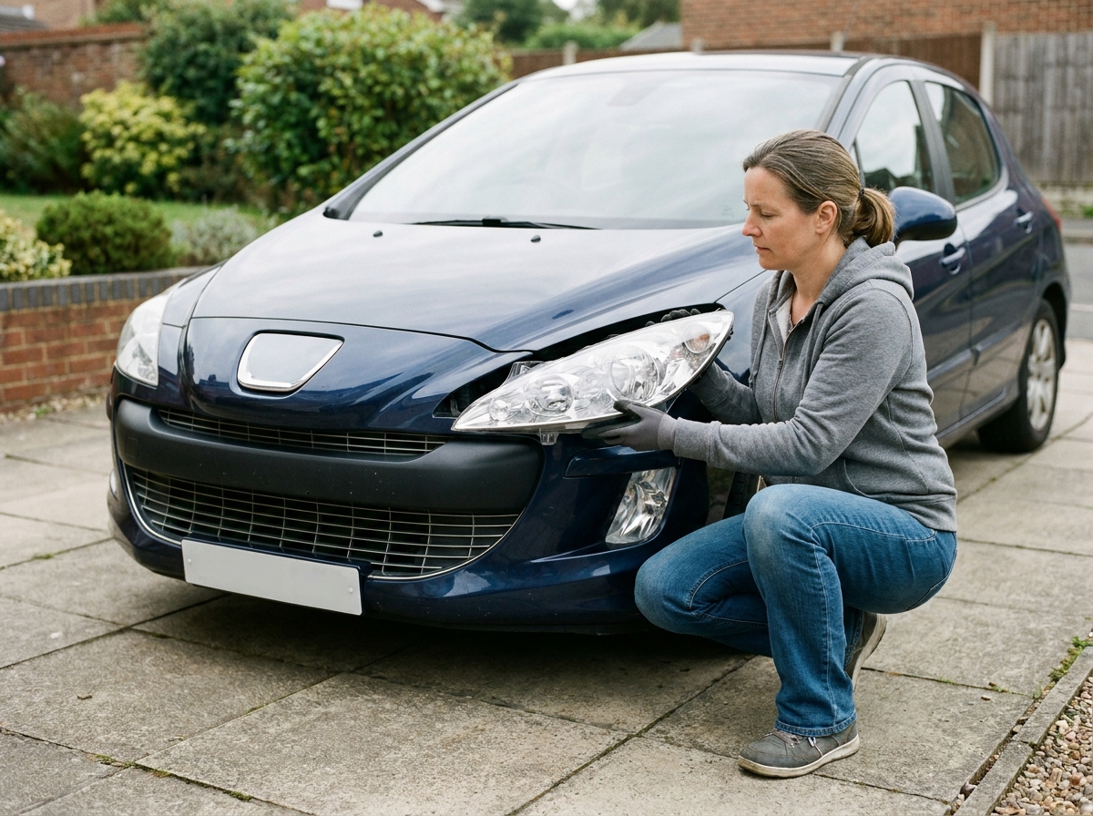 Femme comparant un phare avant de remplacement avec son emplacement sur une Peugeot 308 dans une allée