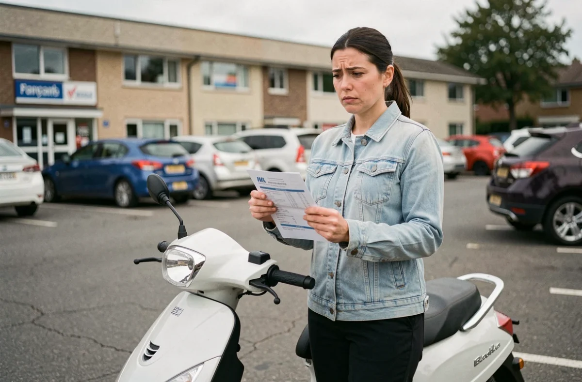 Femme tenant un document d'immatriculation à côté d'un scooter 50cc dans un parking, questionnant les règles légales de conduite sans permis