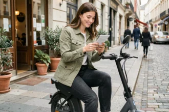 Femme assise sur un scooter électrique en ville consultant une application d'assurance sur smartphone