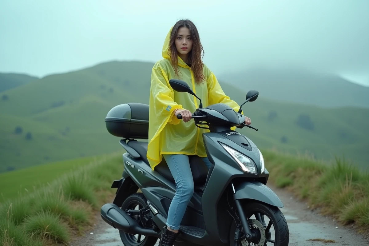 Jeune femme sur scooter dans la campagne pluvieuse