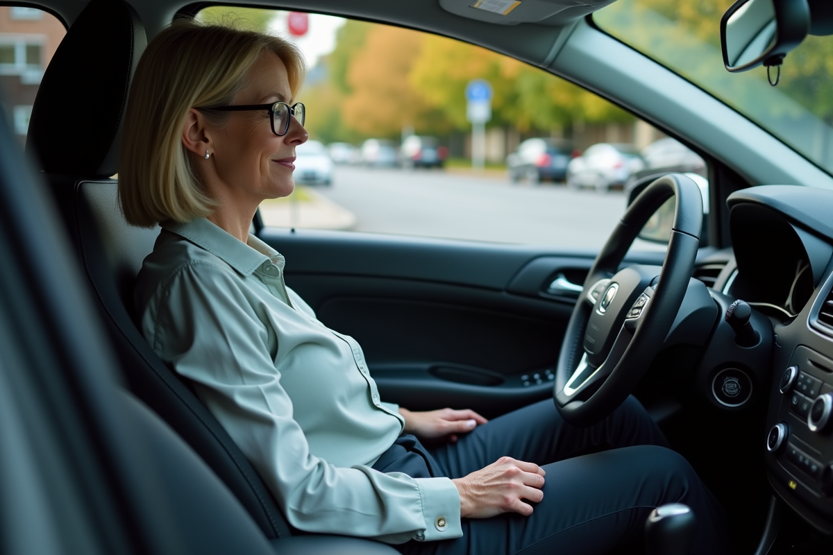Femme détendue dans une voiture en banlieue calme