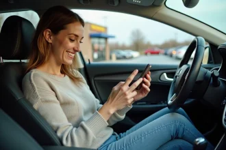 Femme souriante utilisant son smartphone dans sa voiture
