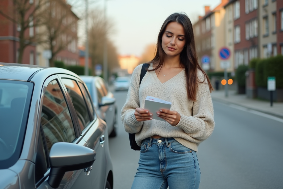 Jeune femme avec ticket de stationnement dans une rue urbaine