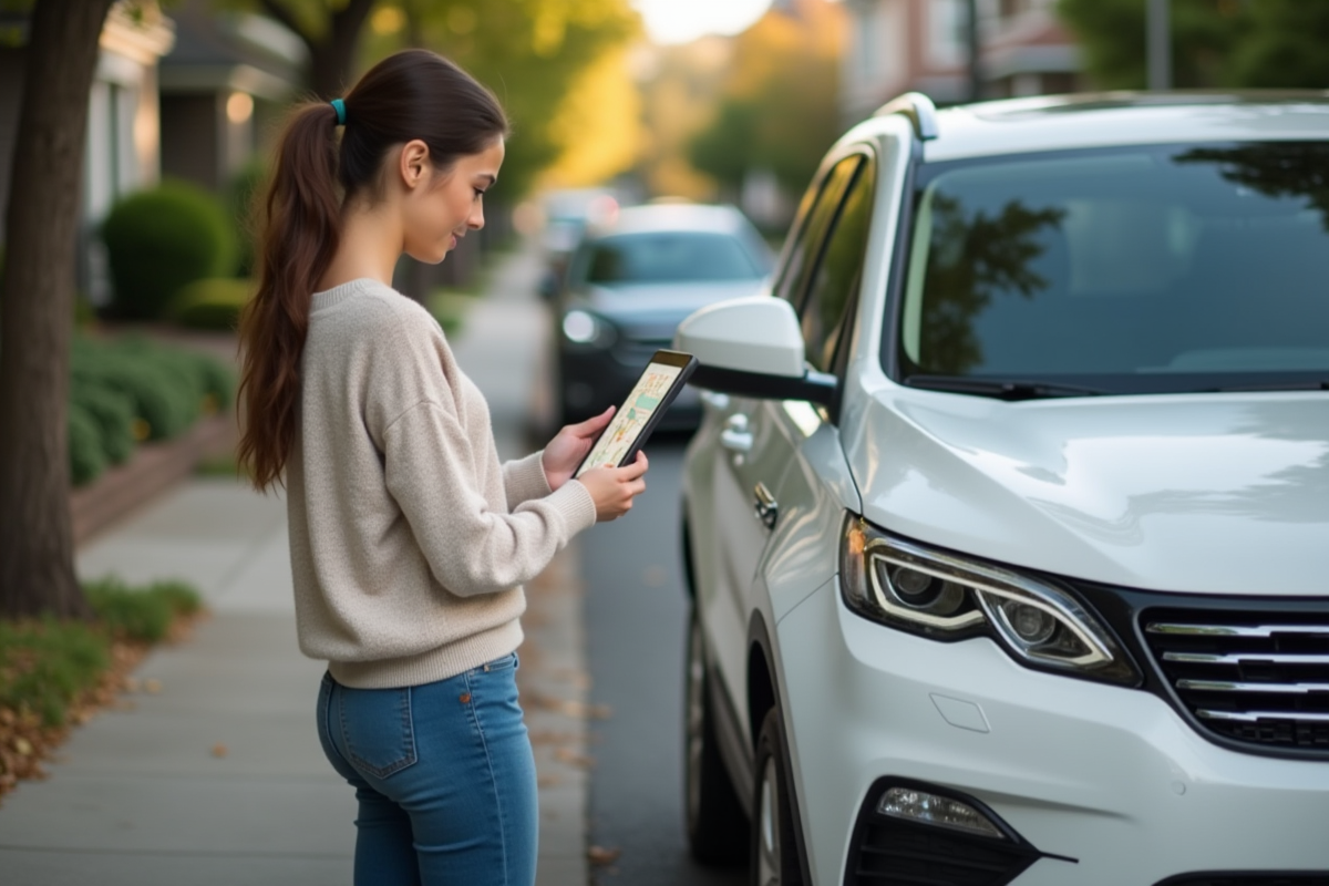 Jeune femme utilisant tablette près de son SUV blanc