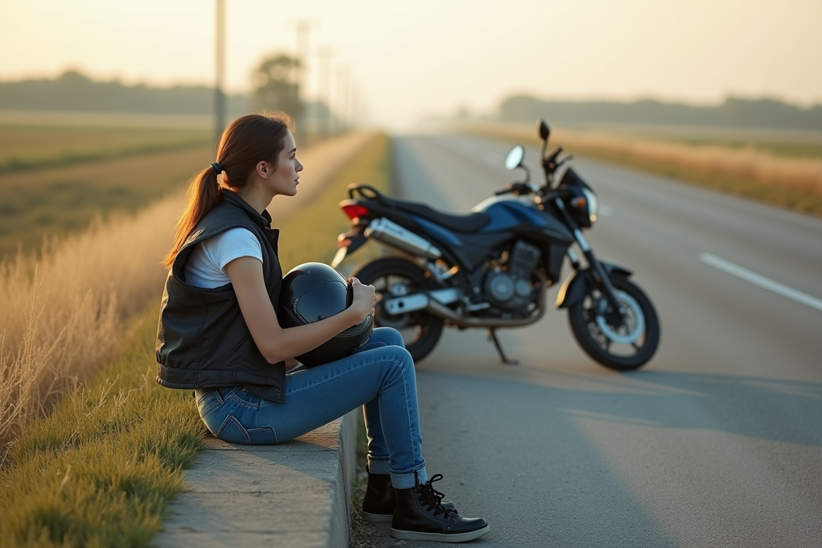 Jeune femme assise sur le trottoir avec sa moto à la campagne