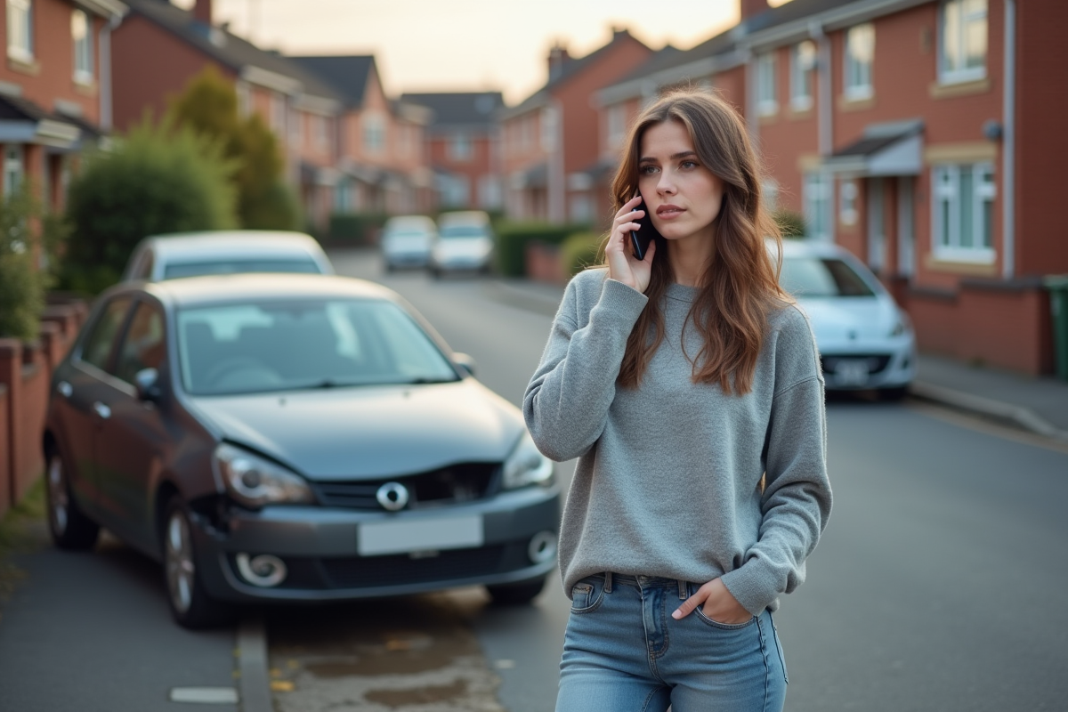 Jeune femme parlant au téléphone à côté de sa voiture endommagée