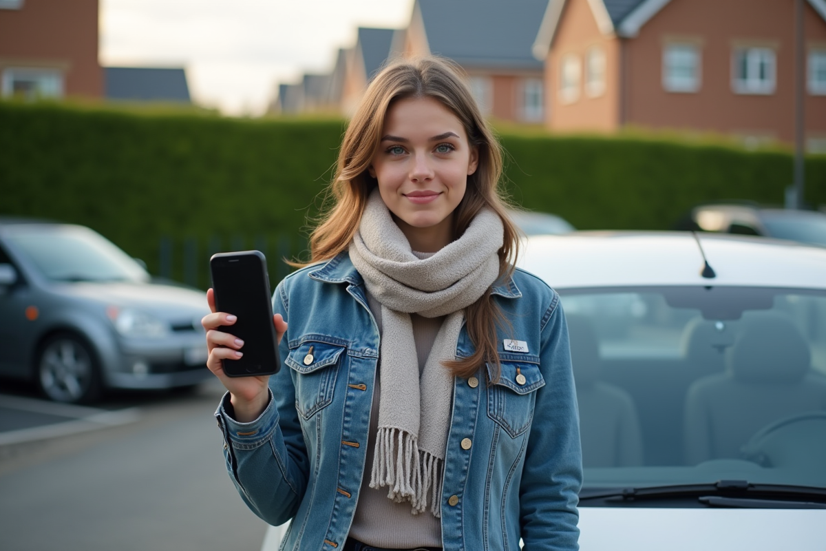 Jeune femme tenant son smartphone avec une application d