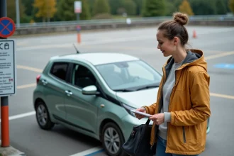 Femme lisant le panneau de covoiturage à La Chapelle Saint Mesmin