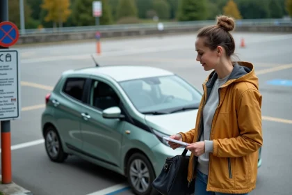 Femme lisant le panneau de covoiturage à La Chapelle Saint Mesmin