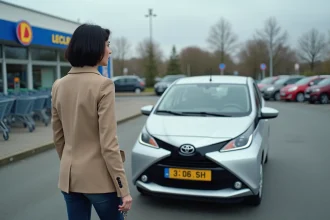 Femme debout à côté d'une voiture de location compacte argentée dans un parking Leclerc, clés en main
