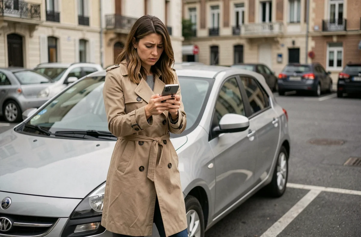 Femme debout près de sa voiture consultant son téléphone pour trouver une solution d'assurance après résiliation