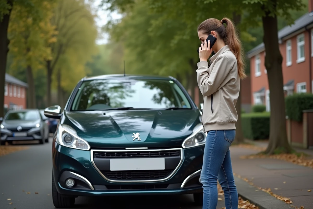 Jeune femme au téléphone près de sa Peugeot 208 GTi au bord de la route